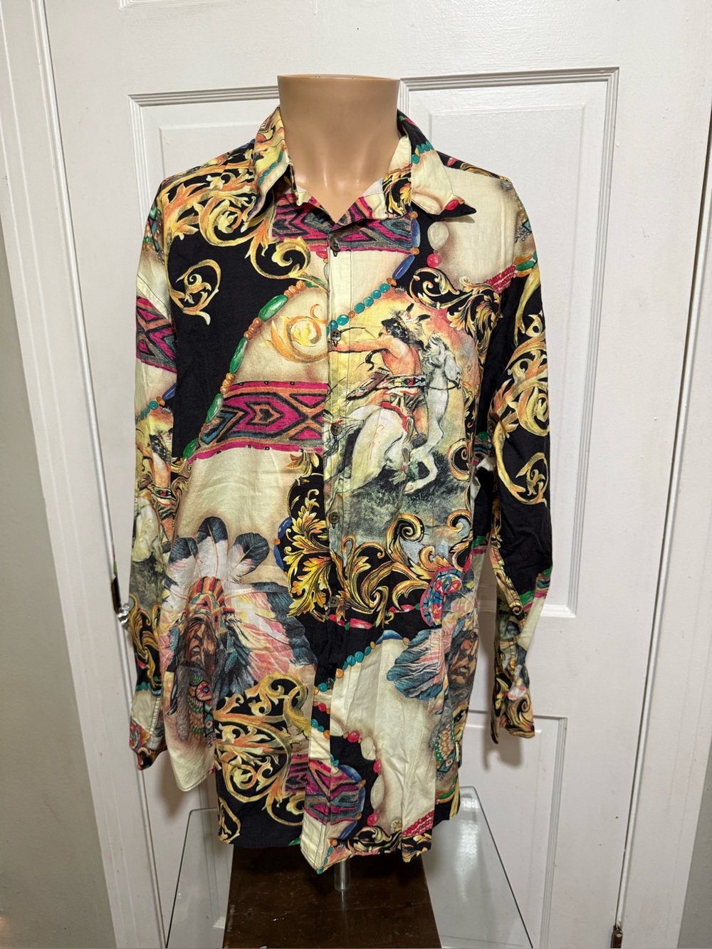 XL Vintage Barry Bricken Long Sleeve Funky Unusual Odd Indian Button Up Shirt